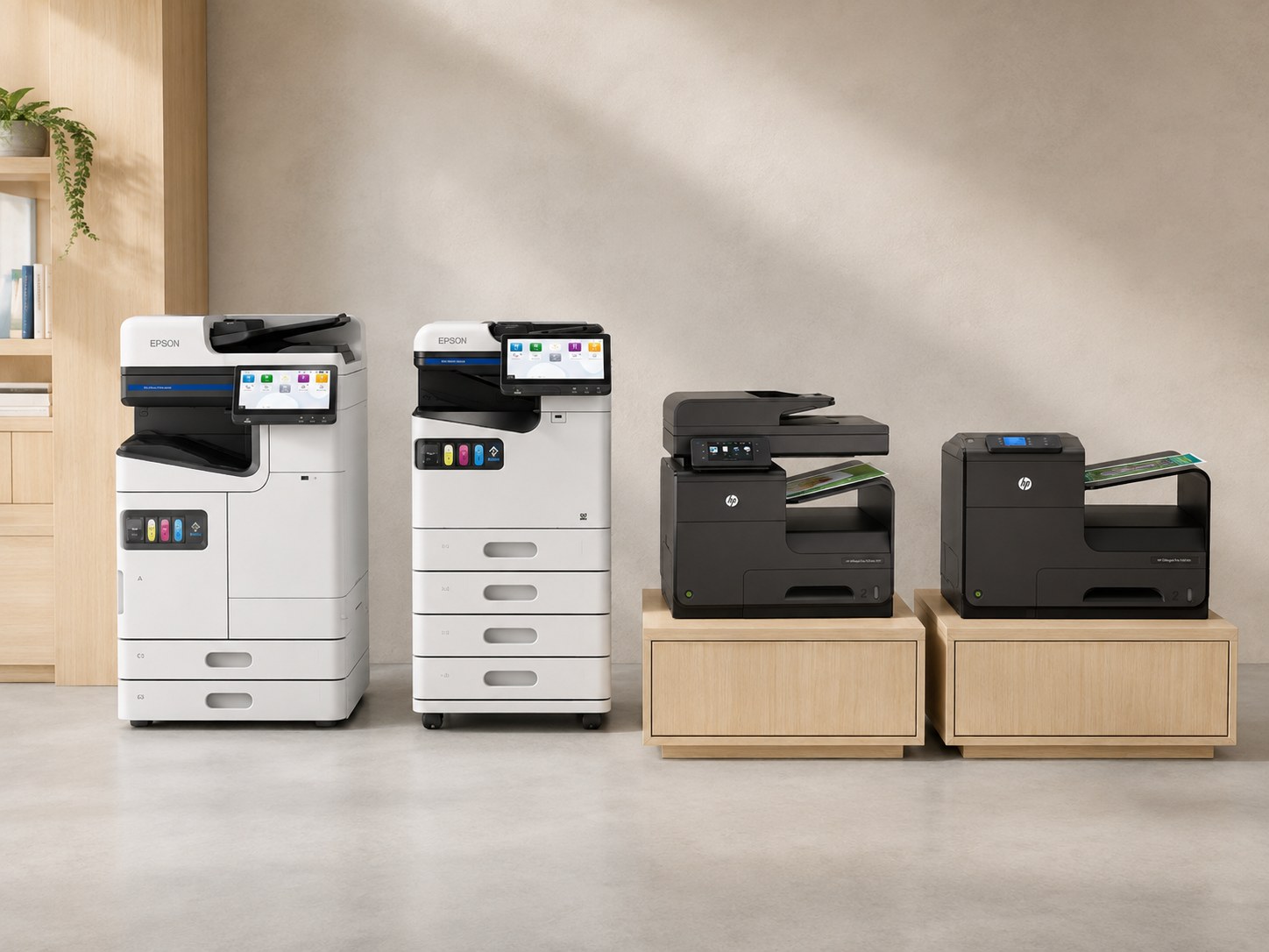 엡손 AM-C4000·AM-C400과 HP X476dw·X451dn을 함께 배치한 연출 이미지